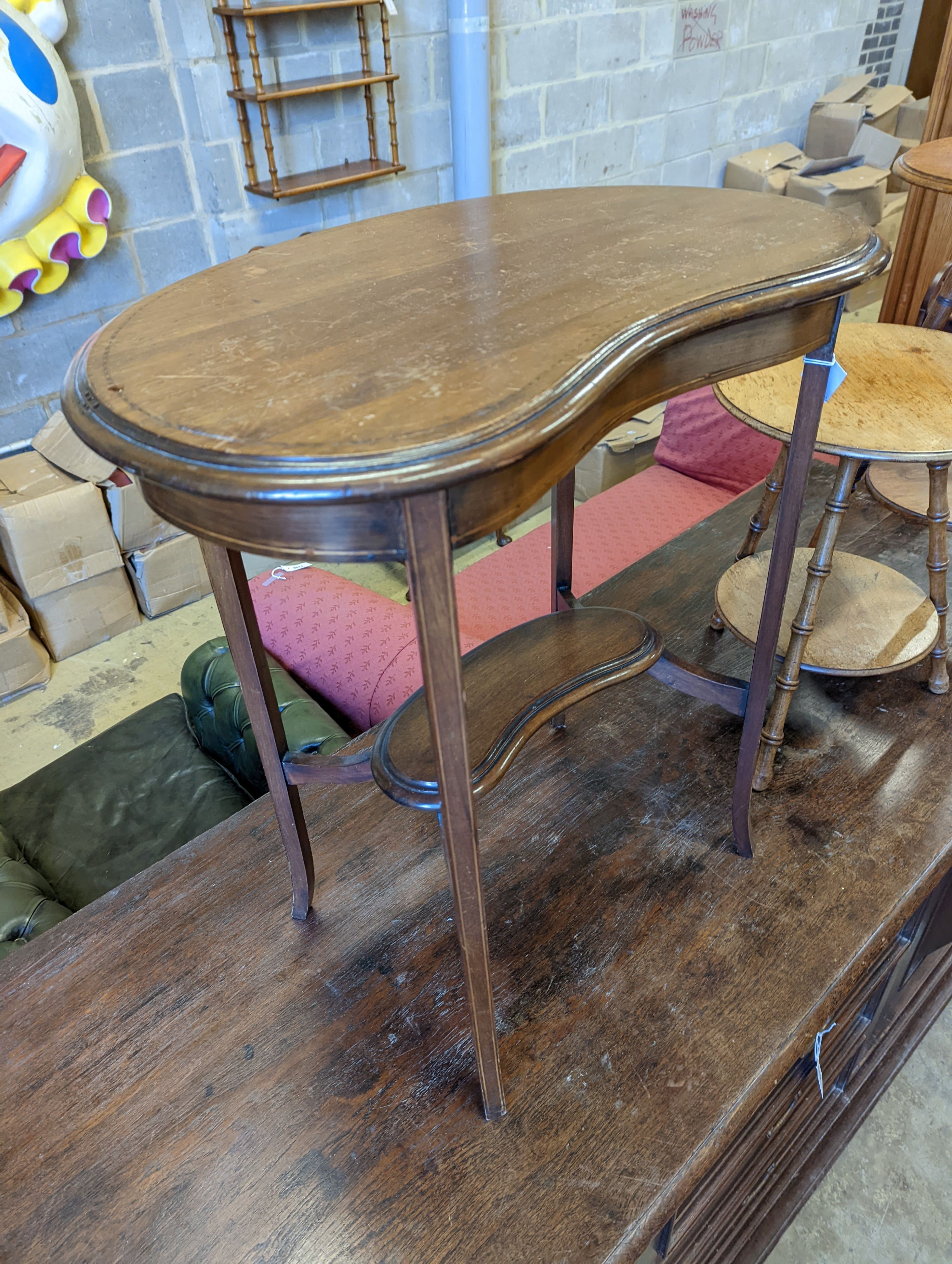 Two Victorian mahogany circular two tier tables, larger 67cm high together with an Edwardian kidney shaped occasional table